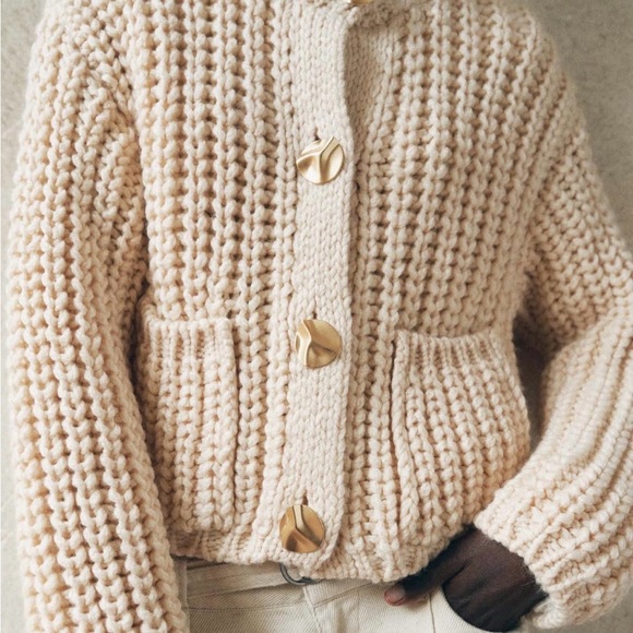 Zara Sweaters - Zara Cream Knit Cardigan with Gold Buttons